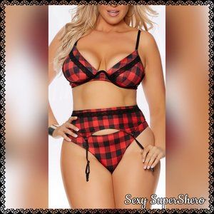 🆕🐃 PLUS 3PC Buffalo Plaid Sexy Lingerie Set -Monowire, Panty, and Garter Belt